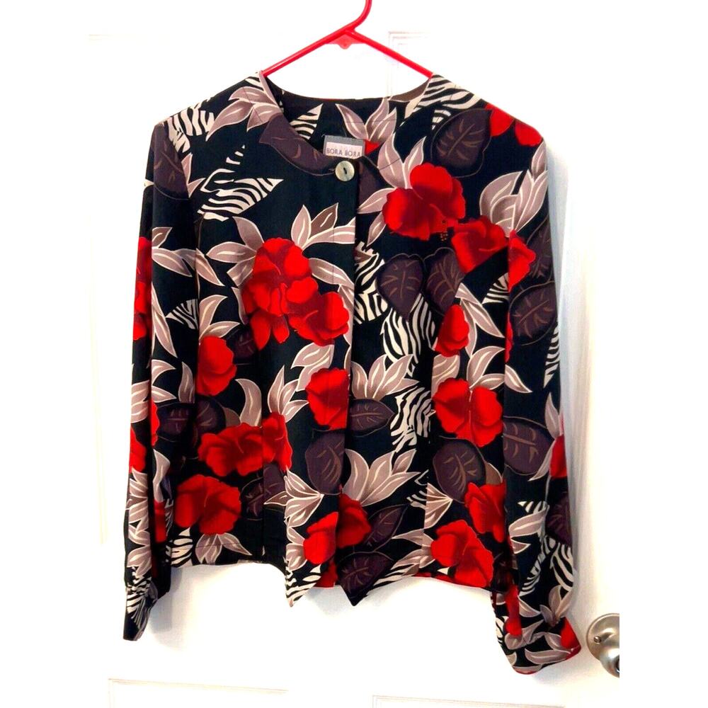 Floral Career Blouse Size S Bora Bora Long Sleeve Pointed Vest Like Hem Coquette